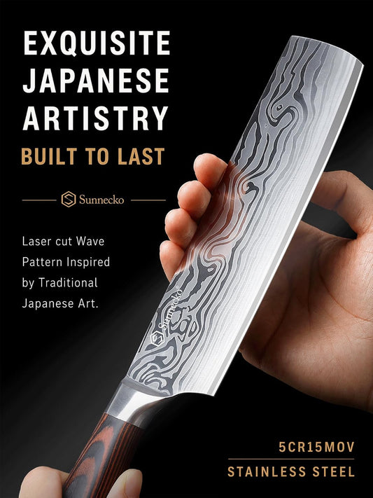 Japanese Nakiri Knife 7 Inch - 12° Edge Carbon Steel Chef Knife for Meat Vegetable Cutting Japanese Style, Full Tang Forged Blade Knife with Sheath, Kitchen Gift for Father Home Cooks & Pros
