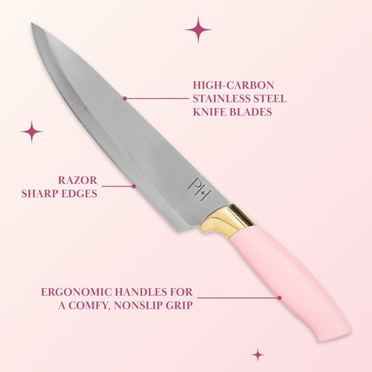 Paris Hilton 12-Piece Knife Set with Block, High-Carbon Stainless Steel Cutlery, Precision Blades and Ergonomic Handles Kitchen Knife Set, Pink