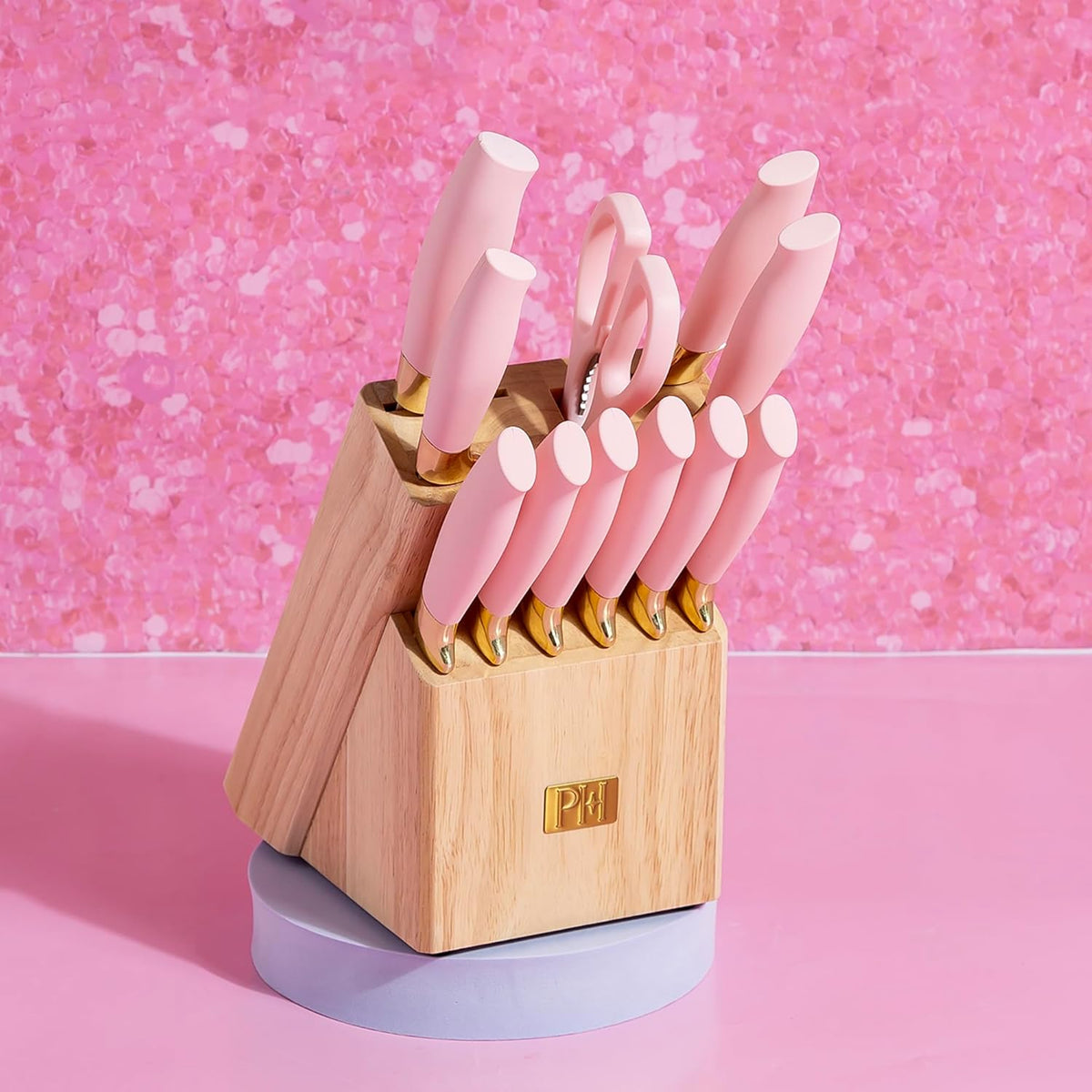 Paris Hilton 12-Piece Knife Set with Block, High-Carbon Stainless Steel Cutlery, Precision Blades and Ergonomic Handles Kitchen Knife Set, Pink