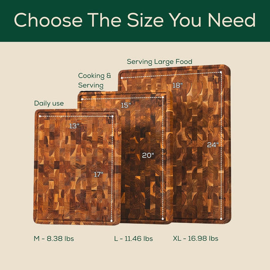 Combo 2 Extra Teak Wood Cutting Board, End Grain & Edge Grain with Juice Groove and Handles, Knife Friendly, Reversible, Suitable for Chopping Meat, Vegetables, Aesthetics for The Kitchen