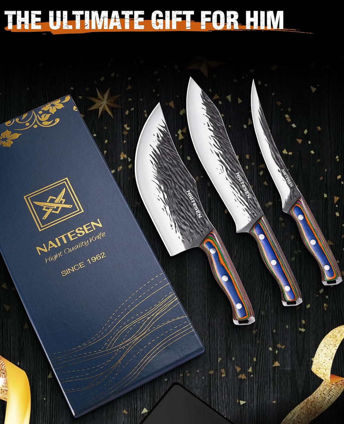 3PCS Hand Forged Butcher Knife Set - Gold-Stamped Gift Box