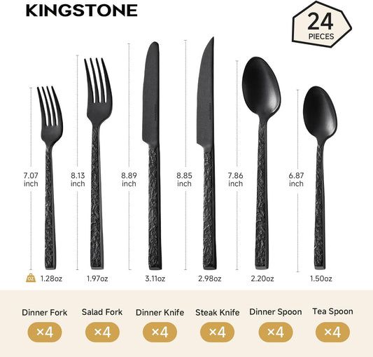 24 Pcs Black Hammered Silverware Set with Steak Knives for 4, 18/10 Stainless Steel Heavy Duty Flatware Set, Tableware Cutlery Utensil Sets for Home Restaurant Dishwasher Safe