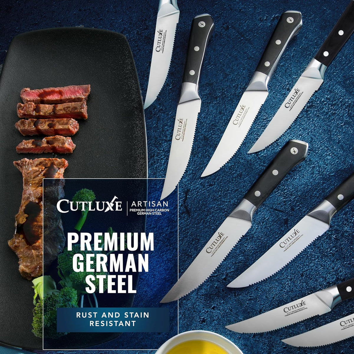 Steak Knives Set of 4 – Serrated Forged German Steel | Full Tang Ergonomic Handle Design, High Carbon Blades – Artisan Series, Razor Sharp