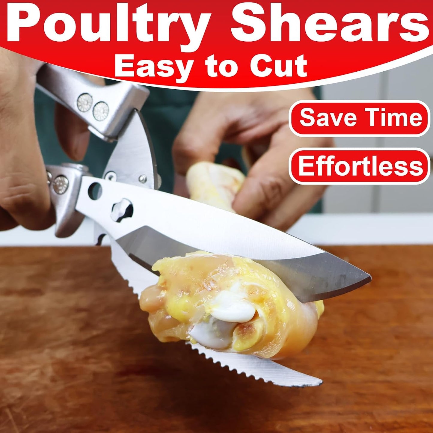 Heavy Duty Poultry Scissors - All Purpose Kitchen Shears for Chicken, Fish & Meat - Easily Separable, Dishwasher Safe (Red)