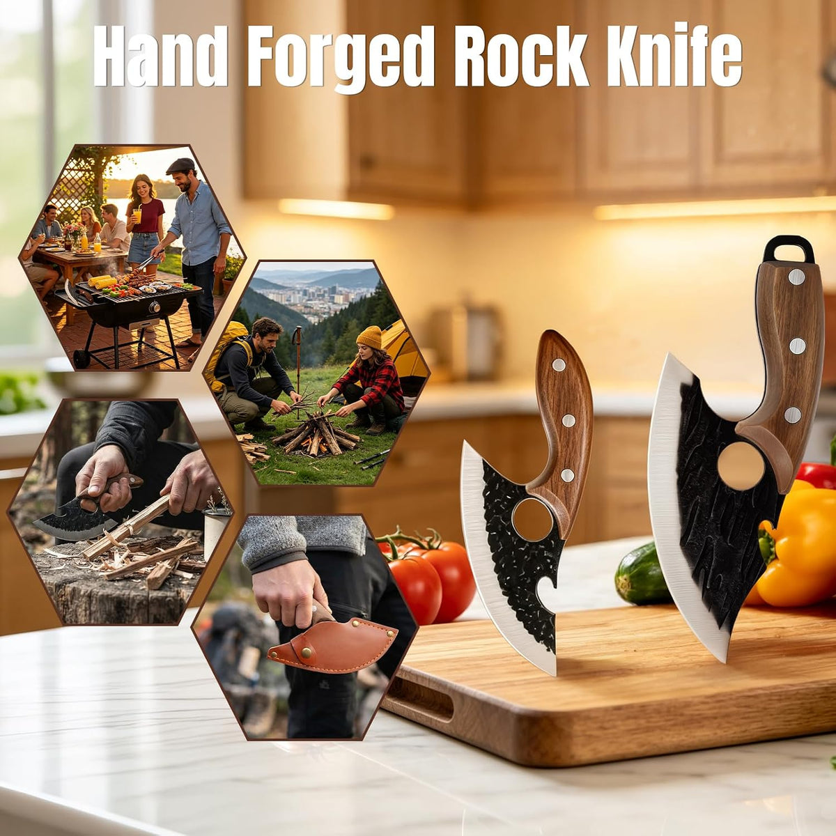 2PCS Hand Forged Viking Boning Knife Set, High Carbon Steel Ulu Knife with Sheath, Viking-Style Cleaver & Pizza Cutter for Meat, Kitchen Knives for Meat Trimming, BBQ, Camping, Fish Filleting