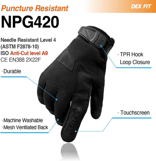 NPG420 Needle Resistant Gloves, ASTM F2878 Level 4 Palm & Lvl 3 Finger, ANSI Cut A9 Heavy Duty Industrial Protection, Multi-Layered Steel Mesh Puncture Proof Work Gloves, Black, L, 1 Pair