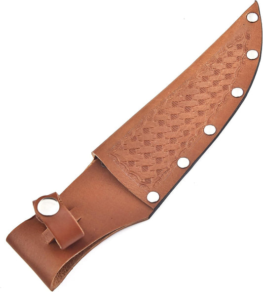 Genuine Leather Knife Sheath for Fixed Blade 6 Inch Knives - Brown Basket Weave Sheaths with Belt Holder
