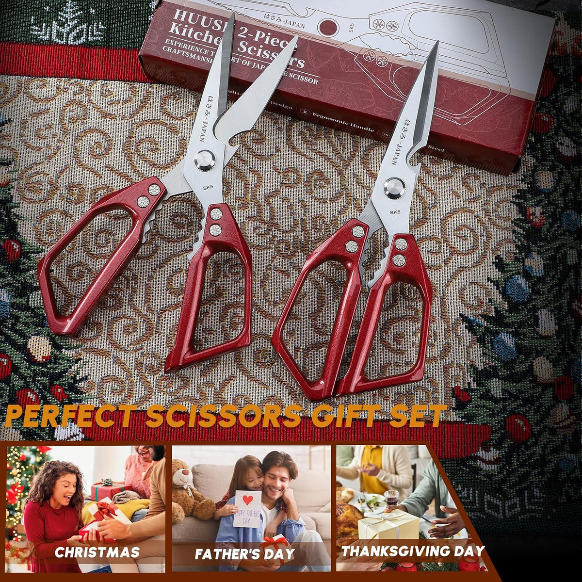 Huusk Kitchen Shears Set Silver - Seafood & Kitchen Scissors Set | Sharp Japanese-Style Cooking Meat Scissors for Crab, Shrimp, Lobster, Herbs and Food Prep, Gifts for Women Men