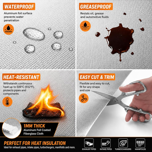 Aluminized Heat Shield Thermal Barrier Adhesive Backed Heat Sleeve Up to 2000 Degrees Fahrenheit (12'' X 40'')
