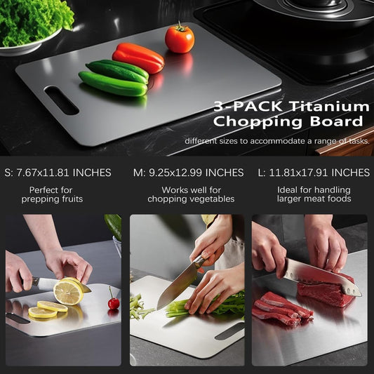 Titanium Cutting Board Set of 3,100% Pure Titanium Cutting Boards for Kitchen Double Sided,Hygiene Durable Dishwasher,Fruit & Vegetables (S+M+L)