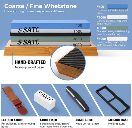 Knife Sharpening Stone Whetstone 4 Side Grit 400/1000 3000/8000 Stone Knife Sharpeners with Nonslip Rubber Bases, Wood Base, Flattening Stone, and Leather Strop
