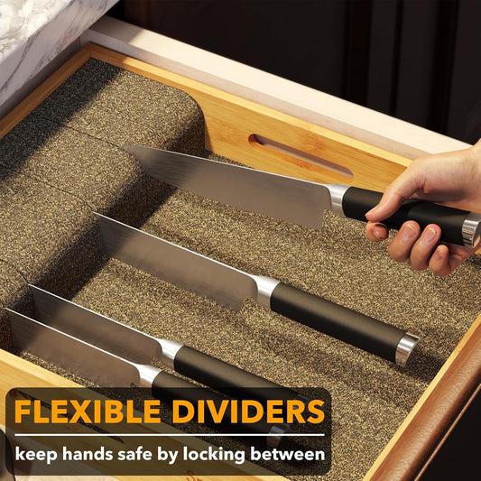 Large Knife Drawer Organizer Bamboo Insert Dock, Kitchen Steak Knives Holder Organizers Block for Drawer in Storage Organization (Large)