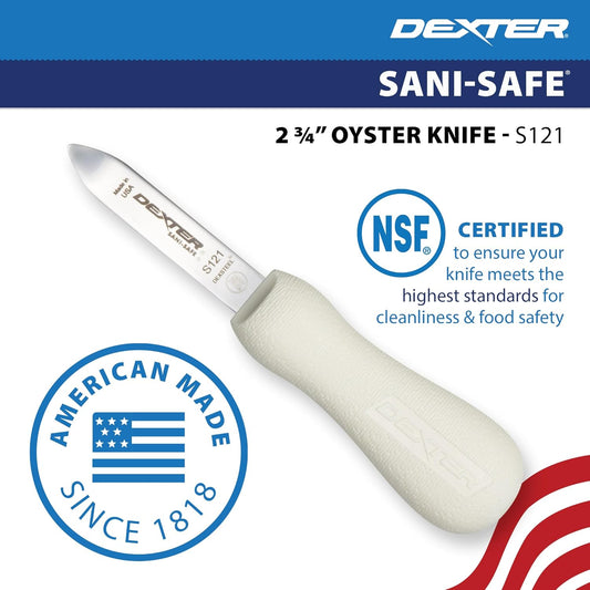 Dexter-Russell Sani-Safe 2.75" New Haven Oyster Knife, Carbon Steel | Classic New Haven pattern blade with bent tip that pops oysters open easily. Slip-resistant grip for raw bar and home use.