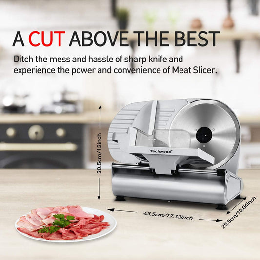 Meat Slicer, Electric Deil Food Slicer with Removable 9” Stainless Steel Blade, Deli Cheese Fruit Vegetable Bread Cutter with Adjustable Knob for Thickness, Food Carriage & Non-Slip Feet