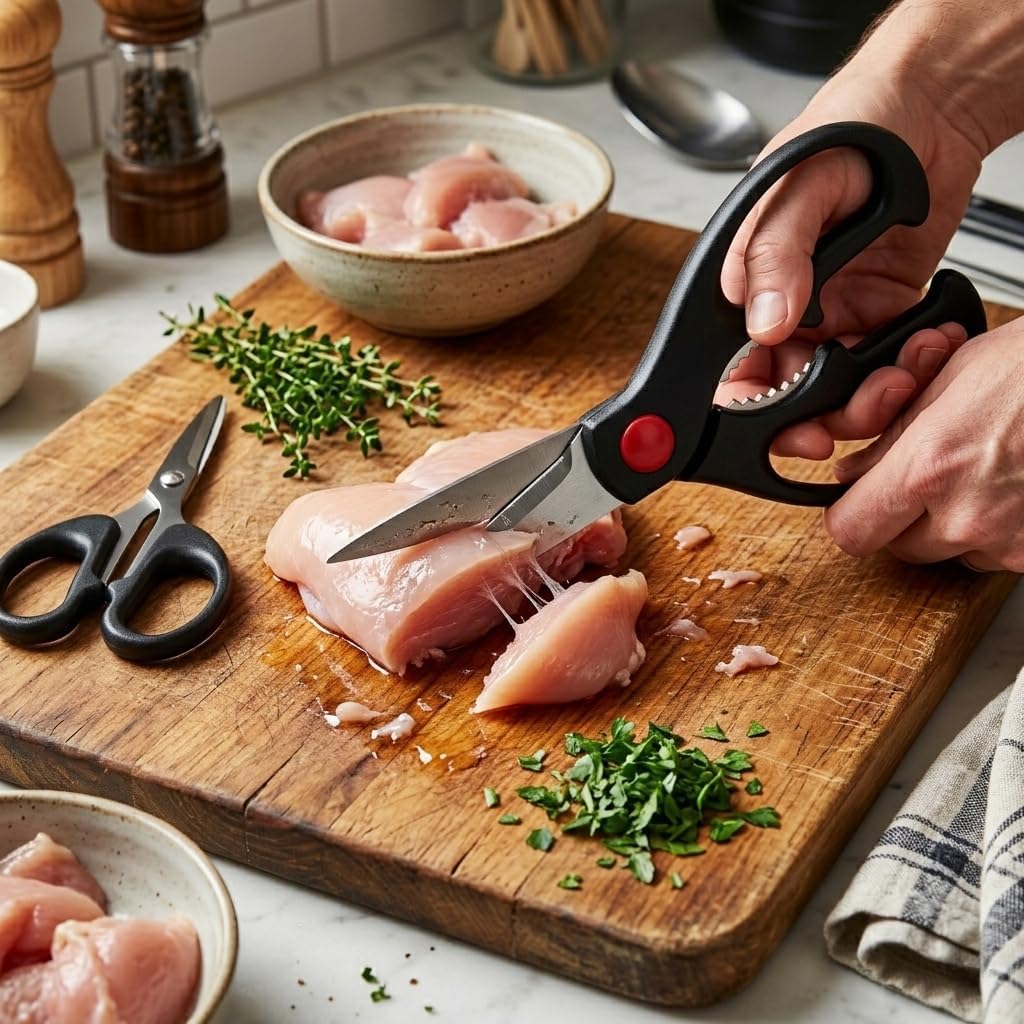 Multifunctional Kitchen Shears - Stainless Steel Blades with Ergonomic Comfort Grip Handle, 3 Piece Set for Meat, Poultry, Vegetables & Herb Scissors (Black/Red)