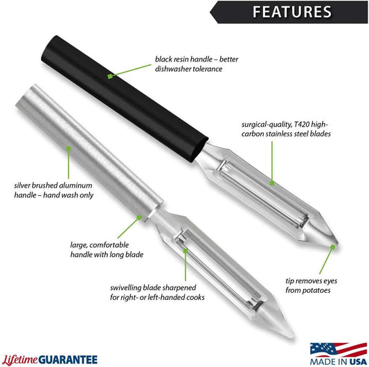 Deluxe Vegetable Peeler (R141), Silver Handle | 2" Stainless Steel Swiveling Blade, Silver Cast Aluminum Handle