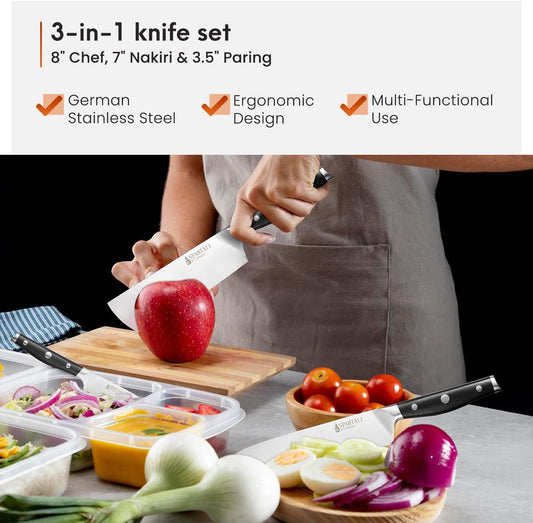 3-Piece Kitchen Knife Set – Includes 8” Chef Knife, 7” Nakiri, 3.5” Paring – High Carbon German Stainless Steel Blades, Ergonomic Handle – Versatile Knife Trio for Chopping, Dicing, and Slicing