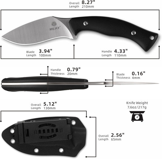 REAT Fixed Blade Knife with Kydex Sheath, 4" D2 Steel Blade,Ergonomic G10 Handle, EDC Sharp Hunting Knife, Small Tool for Camping Survival Tactical Hiking,Gifts for Men,Women