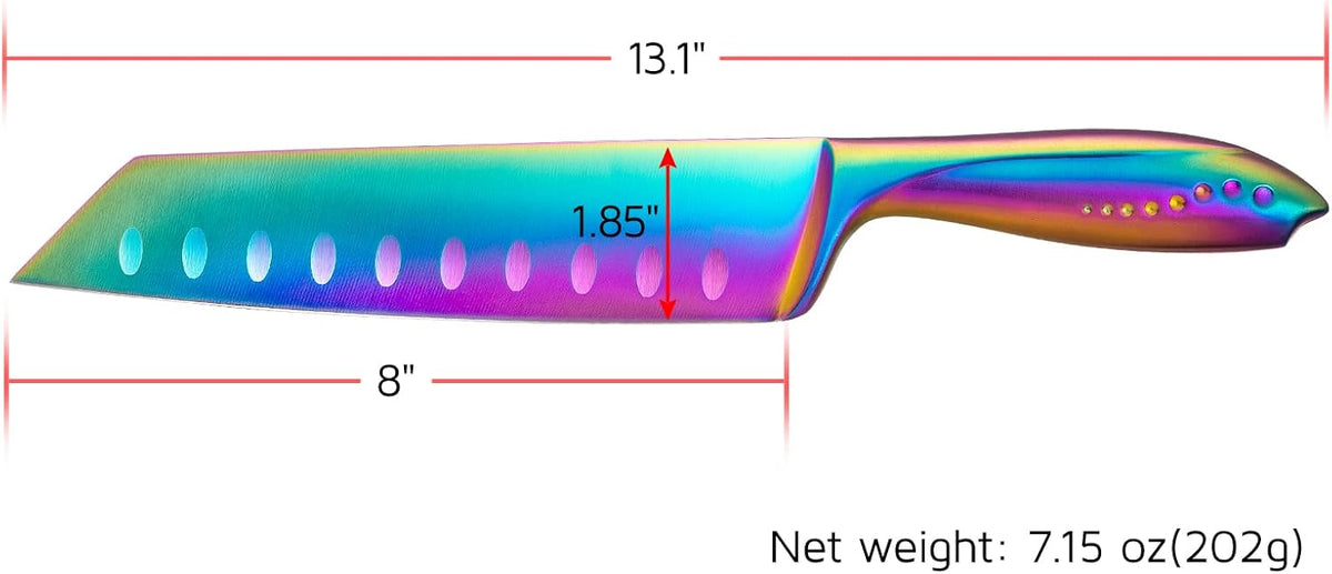 Kiritsuke Chef Knife 8 Inch, Razor Sharp German Steel Blade and Comfortable Handle with Rainbow Titanium Coated for Kitchen Food Cutting Slicing Dicing, Asian Vegetable Meat Cooking Knife