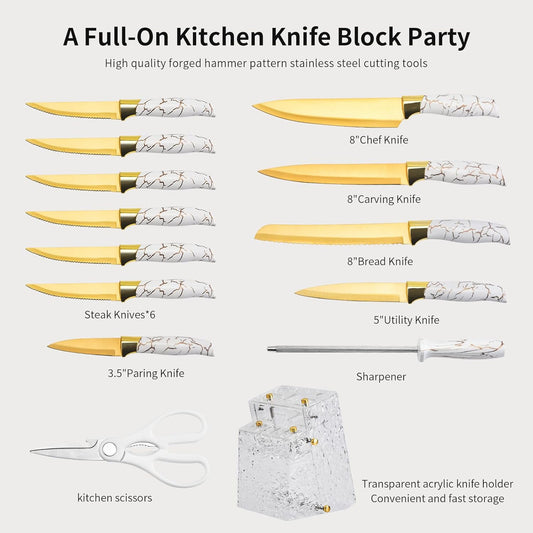 Kitchen Knife Set Non Stick Knives with Block, Serrated Steak Knife, Chef Knife, Bread Knife, Scissors, Sharpener, 14Pcs Stainless Steel Ultra-Sharp Cutlery Block Sets with Titanium Coated Blade