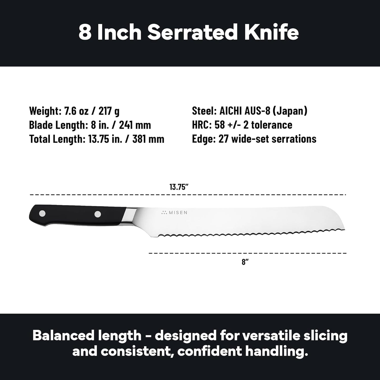 Serrated Bread Knife - High-Carbon Japanese AUS8 Steel - Perfect for Soft Foods, Bread, Pastries, and Fruits - Verstatile Slicer, Razor-Sharp Edge, Durable Blade, Ergonomic Handle - 8", Black
