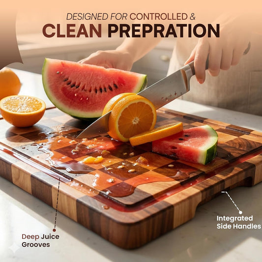 100% Organic Acacia Wood Cutting Board 16.5" x 11.6" – Checkered End Grain Butcher Block for Kitchen, Large Wooden Chopping Board with Juice Groove, Easy-Grip Handle & Non-Slip Feet