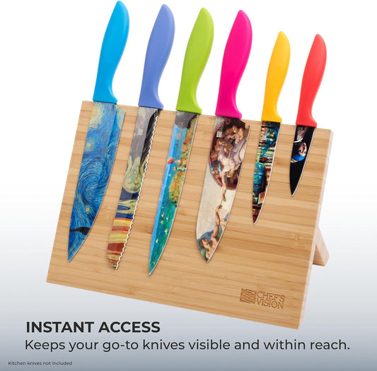 Magnetic Knife Block Without Knives, Bamboo Countertop Holder | Foldable Wooden Knife Holder with 12.5-Inch Open Magnetic Surface, Slotless Easy-Clean Storage and Stable Angled Display Base