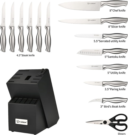 Knife Set, 15-Piece Kitchen Knife Block Sets with Built-in Sharpener, German Stainless Steel Knife Block Set, Dishwasher Safe
