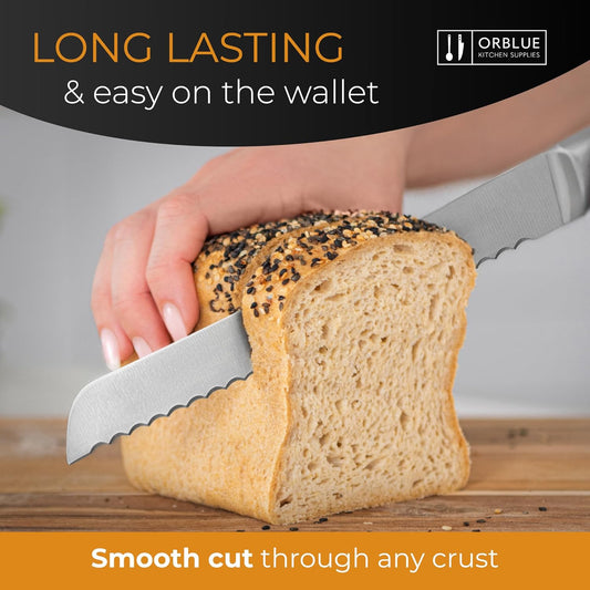 Serrated Bread Knife with Upgraded Stainless Steel Razor Sharp Wavy Edge - Bread Cutter Ideal for Slicing Homemade Bagels, Cake (8-Inch Blade with 5-Inch Handle)