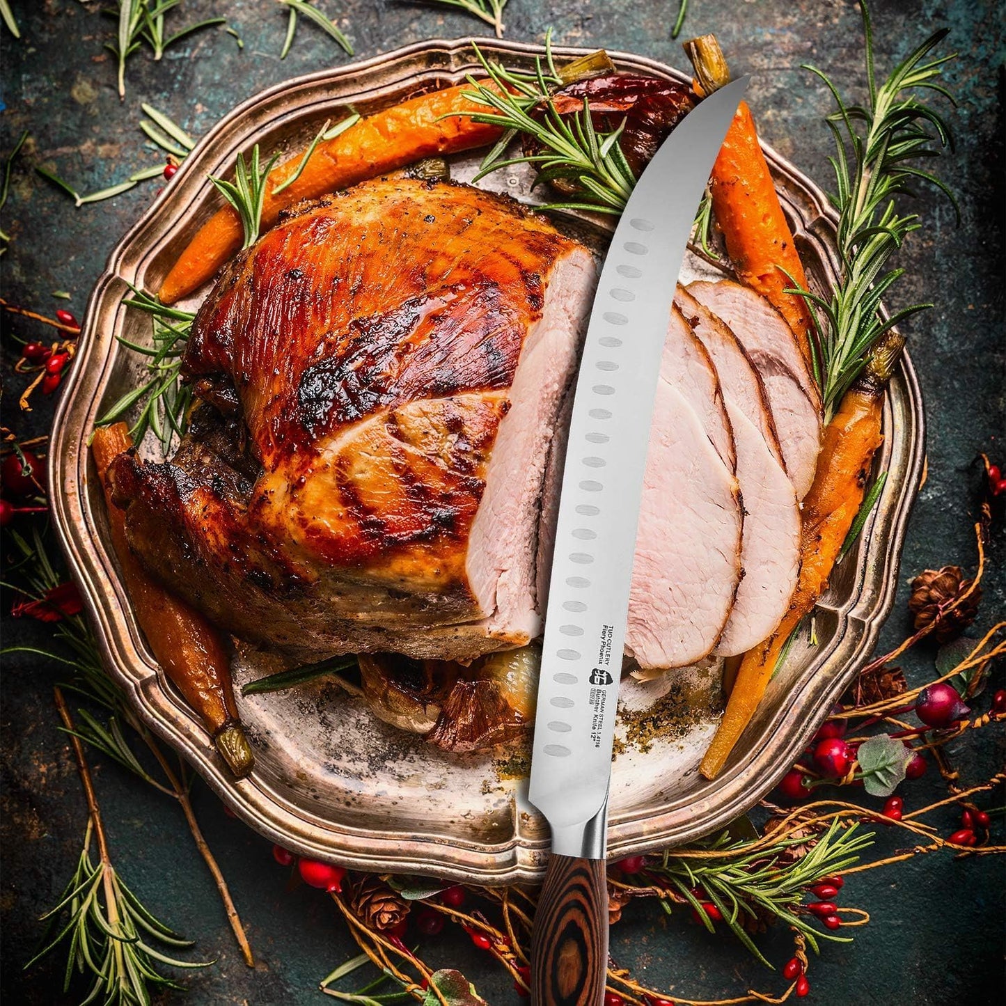 Butcher Knife - 12 Inch Breaking Butcher s Knives Curved Granton Edge Carver Slicing Knife Long Meat Veggies Cleaver - German HC Steel Comfortable Pakkawood Handle - Fiery Series Gift Box Included