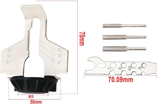 Chainsaw Sharpening Guide with Ruler - Rotary Tool & Drill Attachment Kit | Sharpens chainsaw blades with any rotary tool or drill. Angle guide & ruler for precision. Easy DIY sharpening accessory kit.