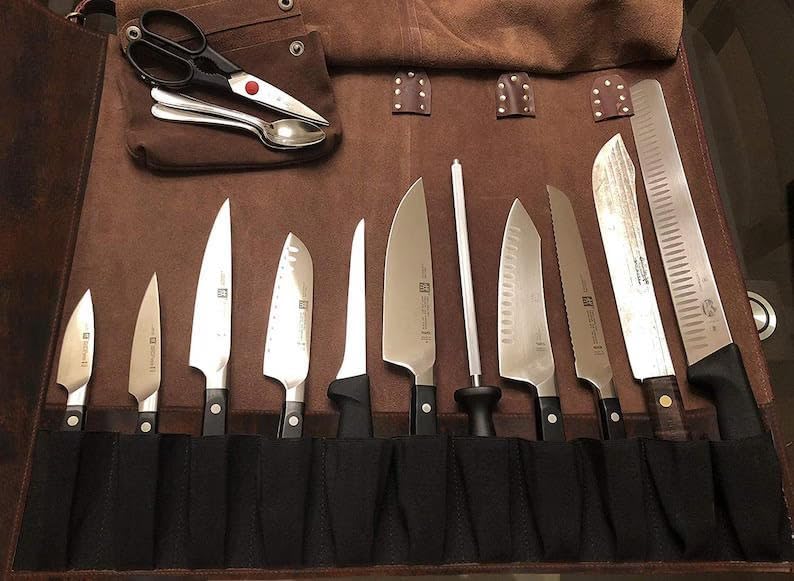 Personalized Leather Knife Roll Storage Bag | Elastic and Expandable 11 Pockets with Tool Pouch | Adjustable/Detachable Shoulder Strap | Travel-Friendly Chef Knife Case Roll