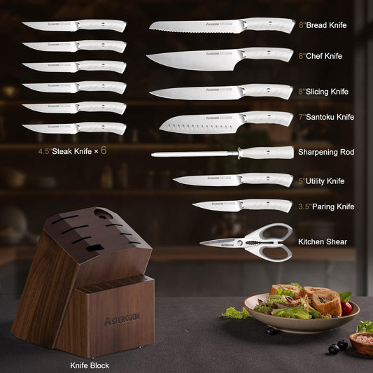 Knife Set, Kitchen Knife Set with Block, 15 Pcs Luxurious High Carbon German Stainless Steel Knives Set with Full Tang Ergonomic Handle, Dishwasher Safe Knife Set with Sharpening Rod, White