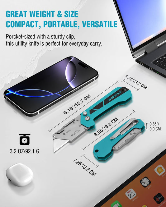 Box Cutter, Utility Knife, Blue | Quick Change Blade Razor Knife, Folding Pocket Knife with Belt Clip and Axis Lock, 10 Extra Blades Included