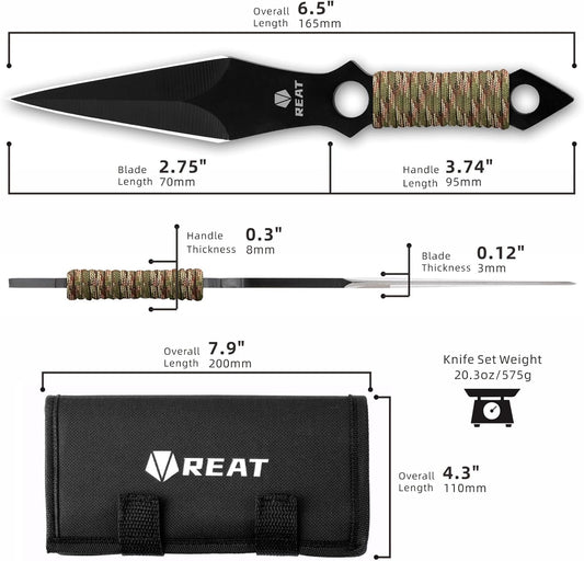 REAT Throwing Knives - 12 Piece, 6.5" 440 Stainless Steel with Cord-Wrapped Handle, Includes Nylon Carrying Case for Safe Storage,Ninja Kunai Knives for Competition,Recreation,Gifts for Men,Women (Black)