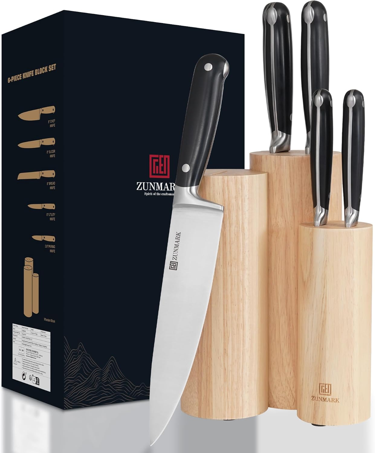 Knife Set, 7 Piece Sharp Chef Knife Set with Solid Wood Block, Unique One-Sided Magnetic Design, Full-tang Stainless Steel Knife Block Set for Home and Restaurants, Elegant Black