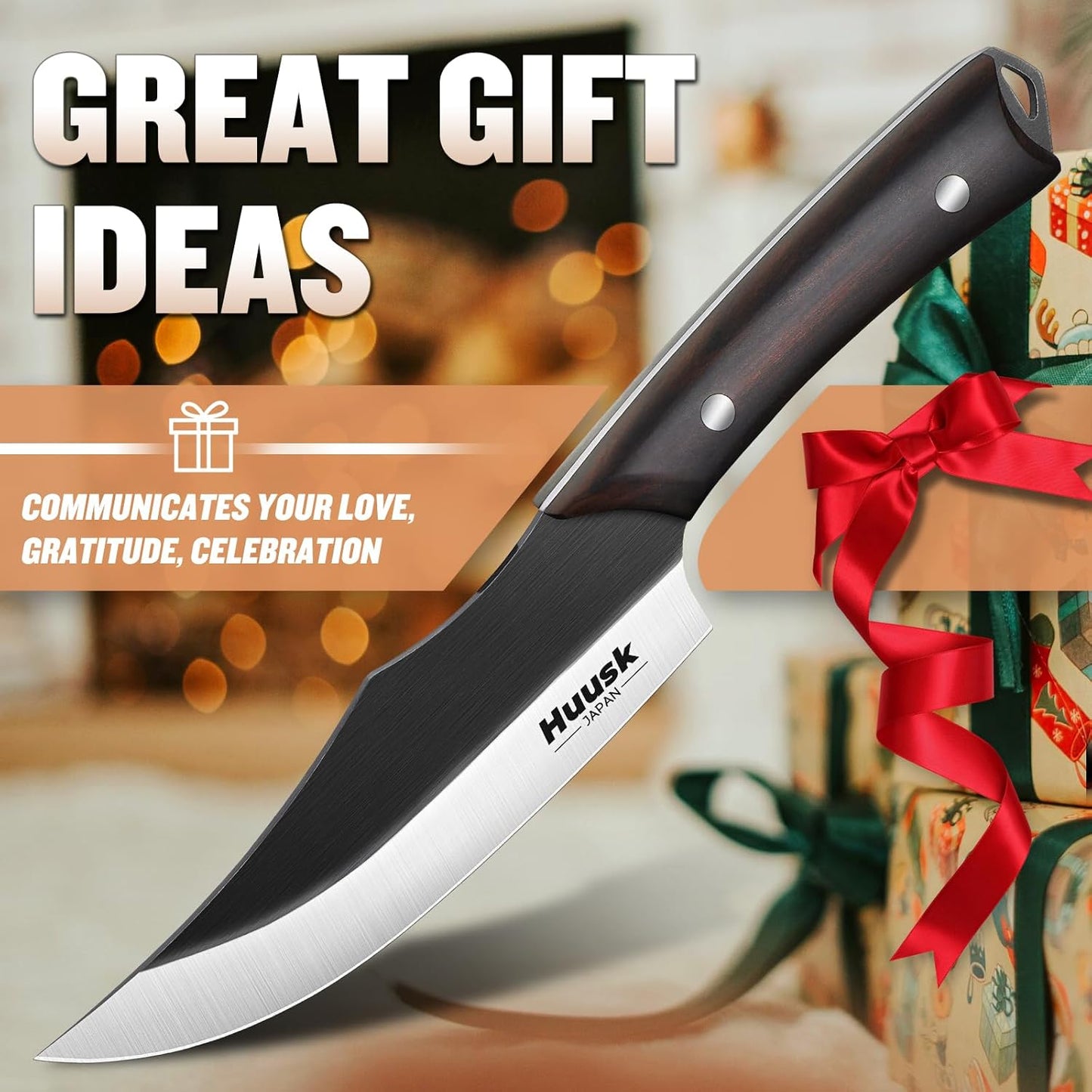Huusk Butcher Knife Set 2PC - Meat Cleaver & Boning Knife, 2-in-1 Sheath | ATS-34 Steel, Titanium Plated, Natural Wood Grip, Portable Sheath, for Outdoor Camping Thanksgiving Christmas