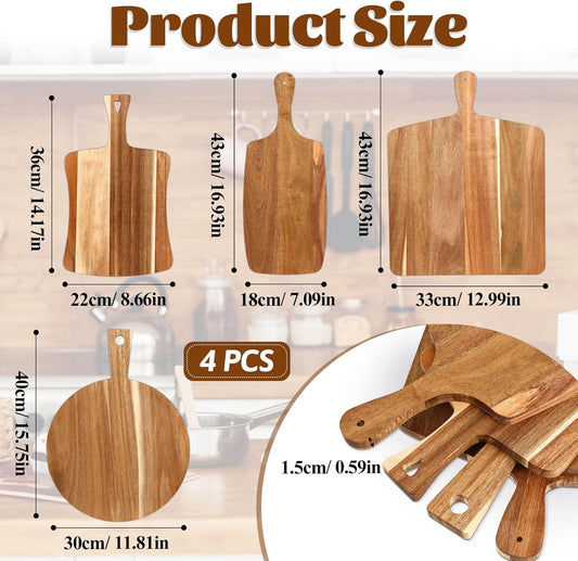 4 PCS Thick Acacia Wood Cutting Board with Handle, Assorted Sizes Large Wooden Charcuterie Boards Set Serving Tray for Cheese, Meat, Pizza, Vegetables, Bread, Kitchen Counter, Dining Room
