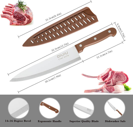 8 inch Chef Knife, Razor Sharp Kitchen Knife with Protective Knife Sheath, Razor Sharp Slicing Knife with Ergonomic Handle, German Stainless Steel, Dishwasher Safe (Brown Color)
