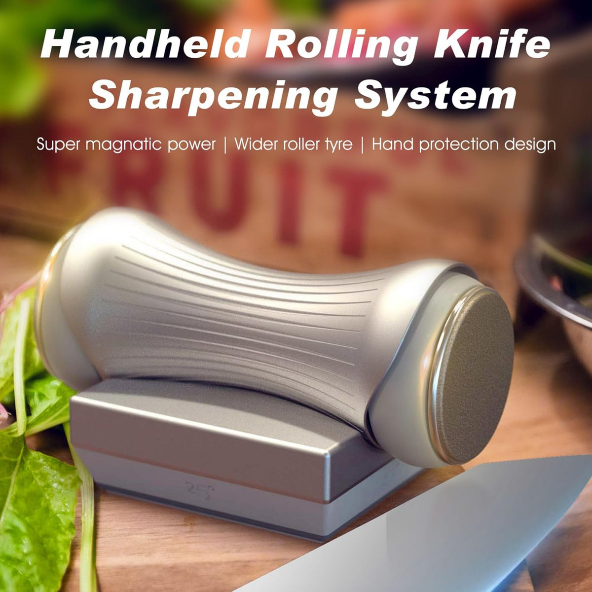 Onze Rolling Knife Sharpener | For 15 18 20 22 Degree Knives | Ceramic Whetstone & Diamond Grit | Strong Magnet Anti Rolling Ergonomic Grip | Pink Gold