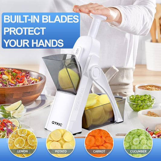 QYKIC Safe Mandoline Slicer, Potato Clips Slicer, Vegetable Food Slicer, Thickness Adjustable for Cucumber Onion Carrot Lemon (Only Slicer White)