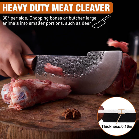 4PCS Butcher Knife and Kitchen Knife Set with Gift Box | Hand Forged Heavy Duty Meat Cleaver, Meat Knife, Serbian Chef Knife, Boning Knife Very Sharp for Meat Cutting Cooking BBQ