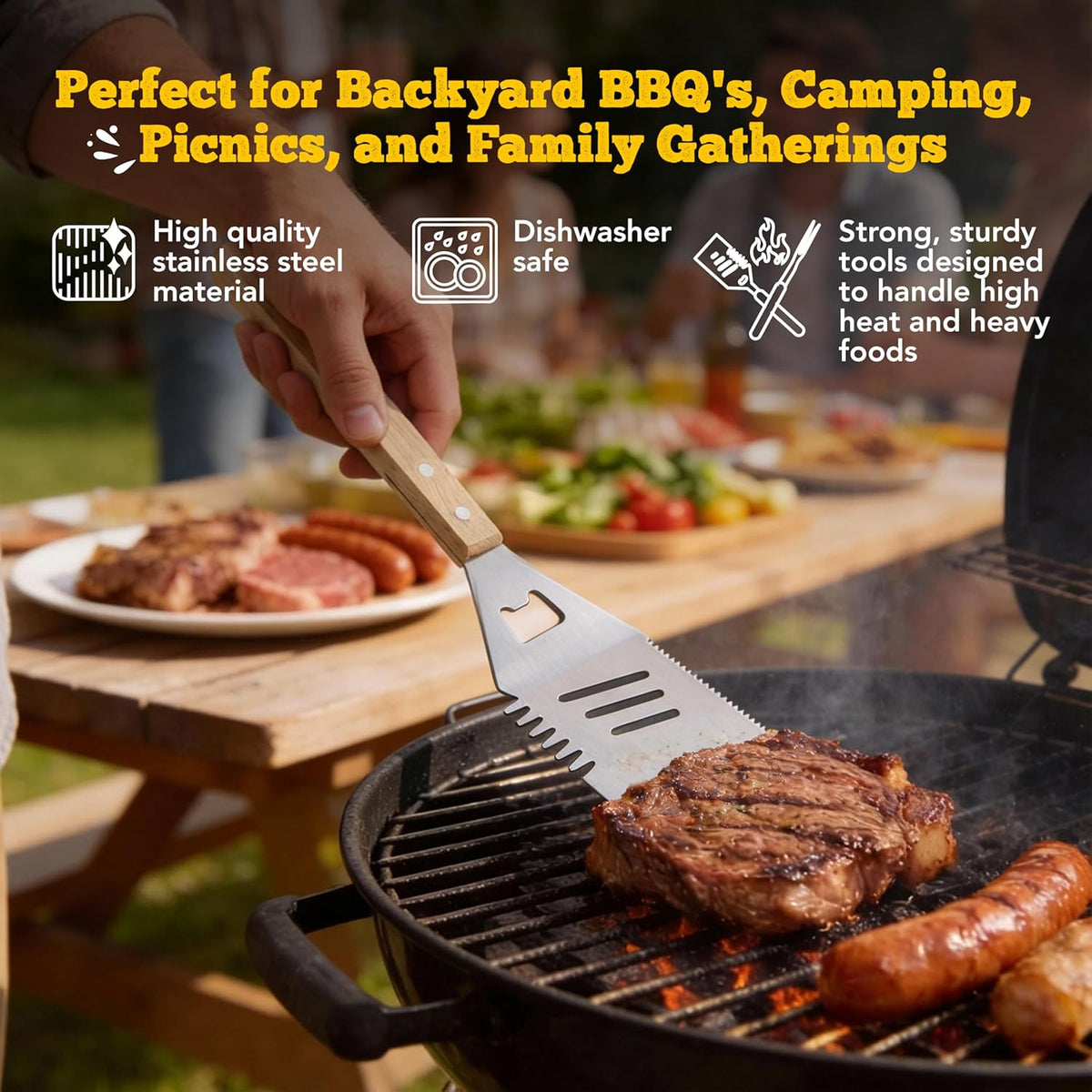 Custom Engraved Monogram Name Year BBQ Grill Tools, Wooden (SS) | Name Year Design, 5 Piece Kit, Stainless Steel Tongs, Spatula, Fork, Basting Brush, Knife, Fathers Day Gift