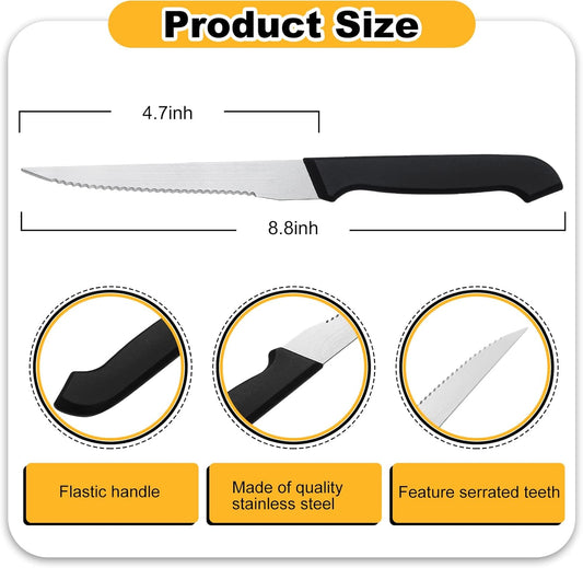 50 Pieces 8.8 Inch Serrated Steak Knife Set Pointed Tip Stainless Steel Steak Knife Sharp Blade Flatware for Kitchen Restaurant Camping (Black Plastic Handle)