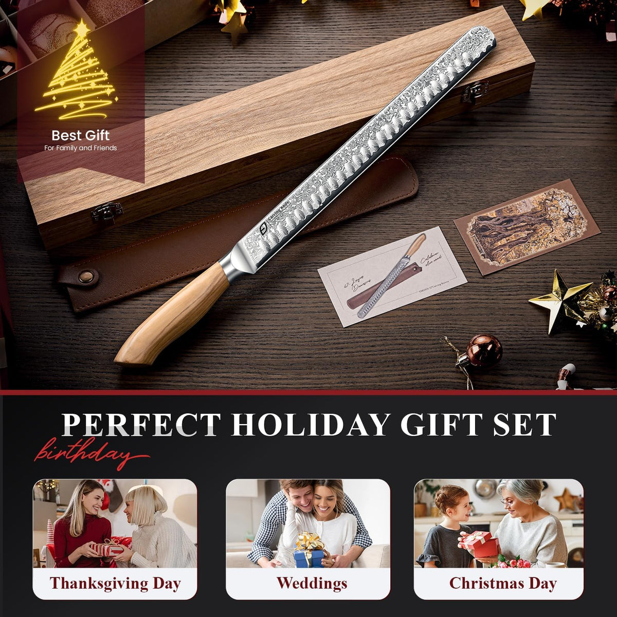 Damascus Brisket Slicing Knife, 12" Carving Knife with Japanese Steel, Olive Wood Handle, Luxury Wooden Gift Box, Razor Sharp for Meat & Turkey