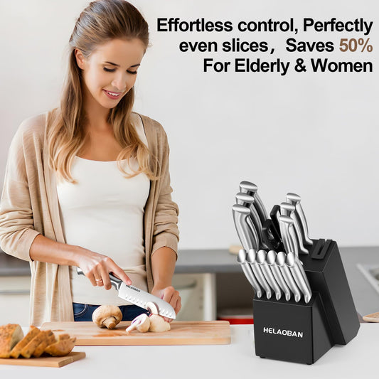 Kitchen Knife Set with Block and Sharpener, 14-Piece | High Carbon Stainless Steel, One-Piece Ergonomic Design, Wooden Black