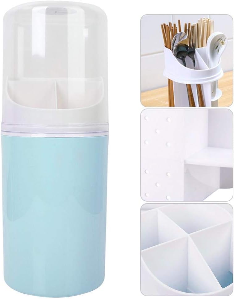 Kitchen Utensil Holder with Cover, 4 Compartment Wall-Mounted Countertop Plastic Silverware Holder Utensil Drying Rack for Cutlery, Chopstick, Spoons, Forks, Knives(Blue)