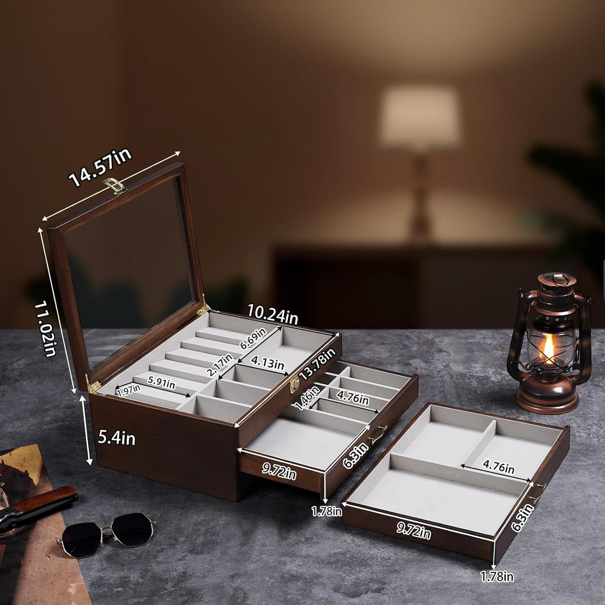 Pocket Knife Display Case for Collection of 18-24 Folding Knives, Pocket Case with Real Glass Window Top, Two-Tier Knife Organizer Storage Box, Men's Gift (Walnut)