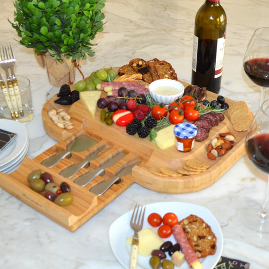 The "Original" Malvern Deluxe Bamboo Cheese Board with Cracker Groove & Integrated Drawer with Stainless Steel Cheese Knife Set - Designed & Quality Assured in the USA