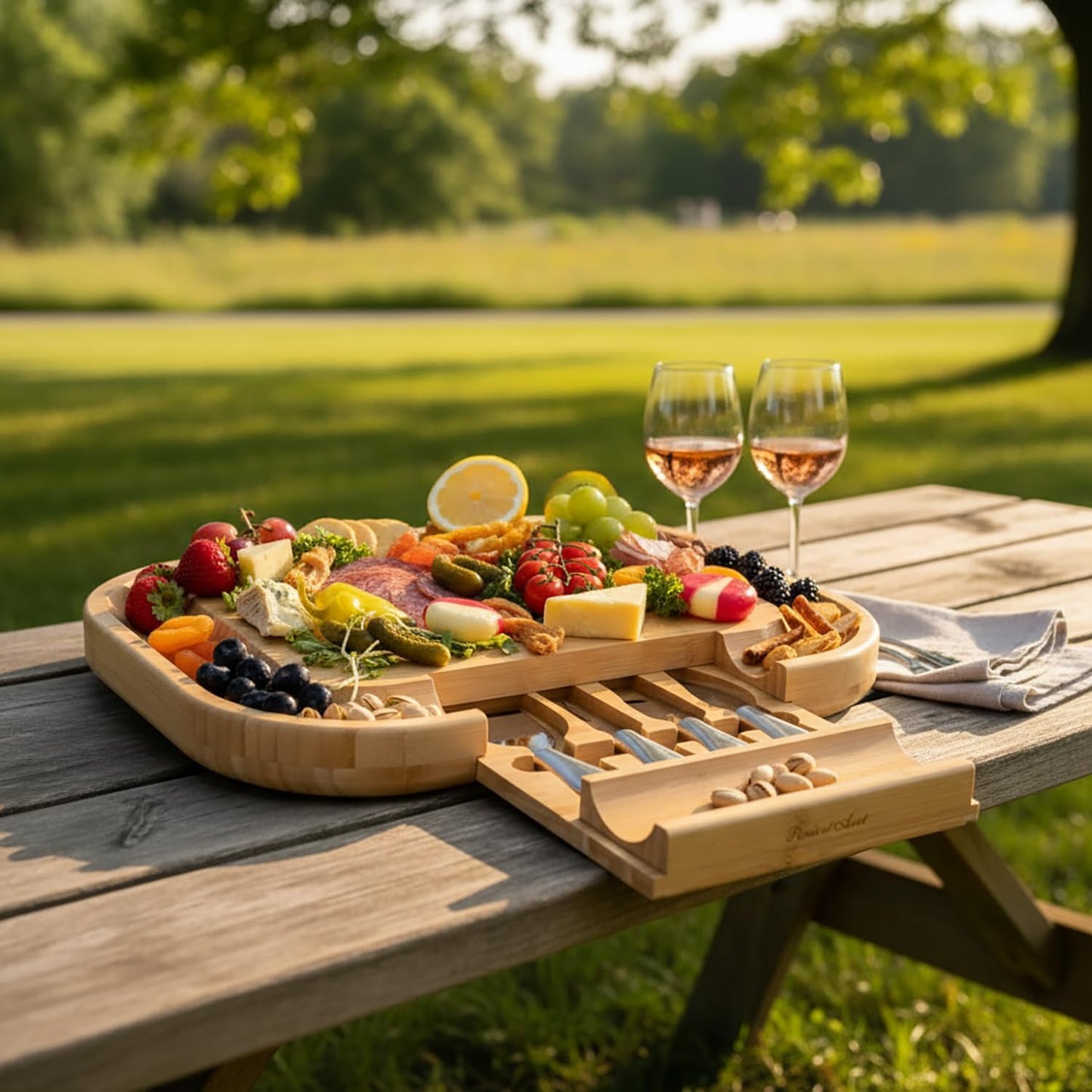 The "Original" Malvern Deluxe Bamboo Cheese Board with Cracker Groove & Integrated Drawer with Stainless Steel Cheese Knife Set - Designed & Quality Assured in the USA